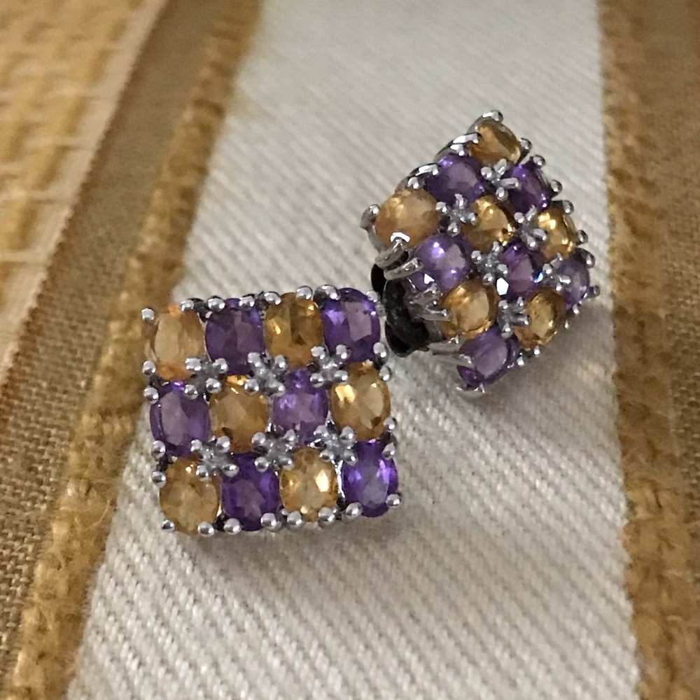 Vintage 14 Kt White Gold Pierced Amethyst Citrine Earrings